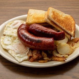 #8 Smoked sausage with two eggs, potato and toast